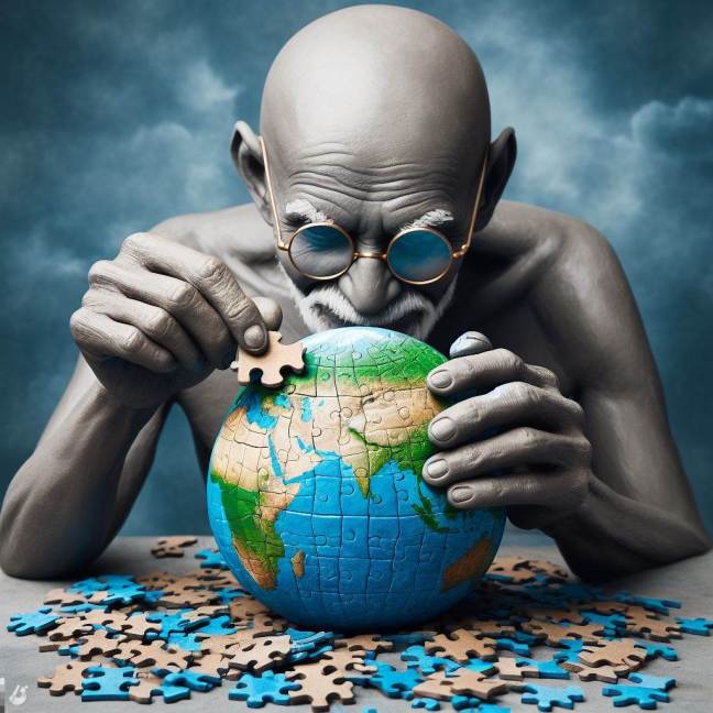 Mahatma Gandhi acabando puzzle de la Tierra el Viaje de Riddhi